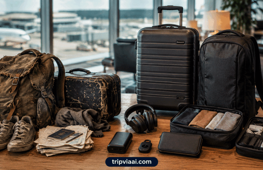 Smart travel gear upgrades featuring premium luggage, travel backpack, packing cubes, travel wallet, headphones and modern travel accessories at an airport.