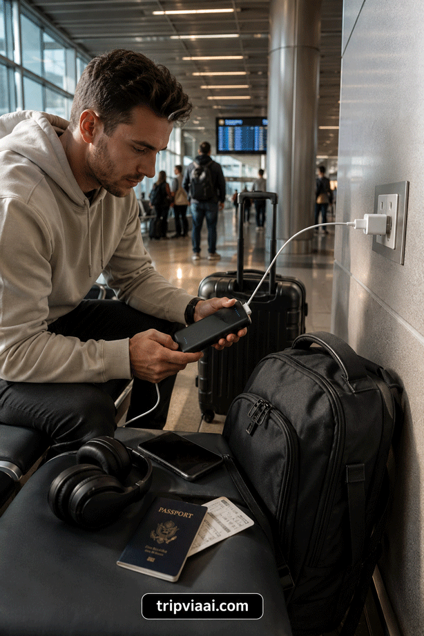 Traveler Charging a Power Bank at an Airport Lounge