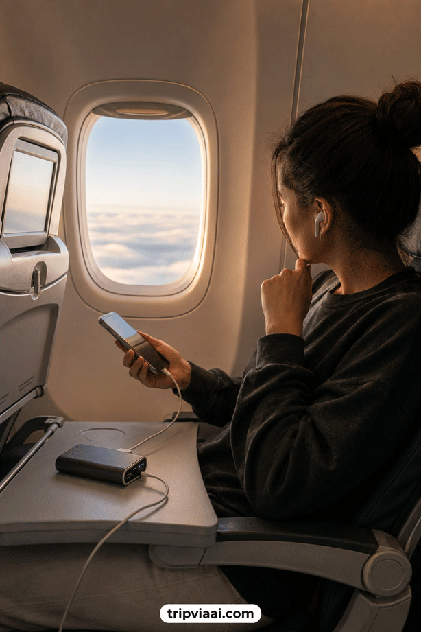 Traveler Charging a Smartphone With a Power Bank During a Flight