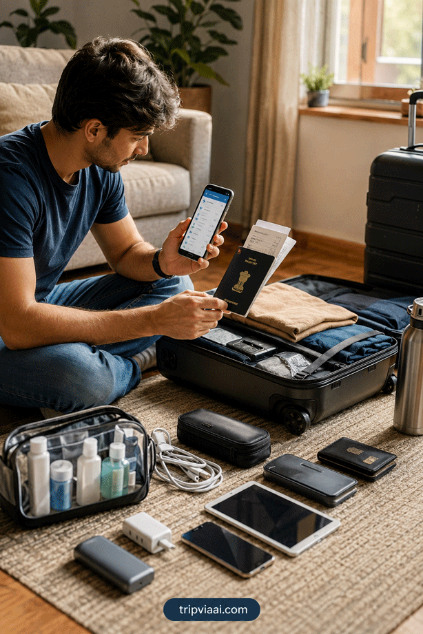 Traveler Reviewing Carry-On Bag Before Airport Security