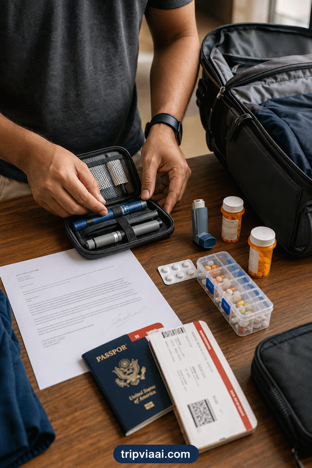 Traveller Packing Insulin and Medical Documents Before Flying