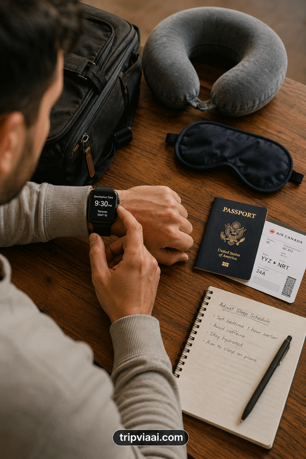 Traveller Adjusting Sleep Schedule and Destination Time Before a Long Flight