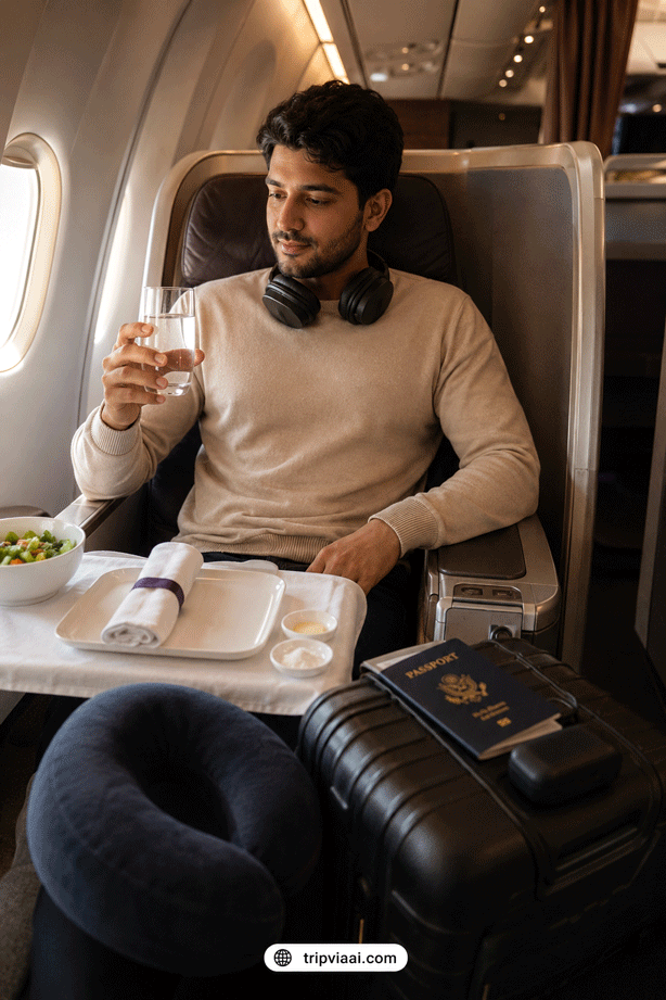 Traveller Choosing Water Instead of Alcohol During a Long-Haul Flight
