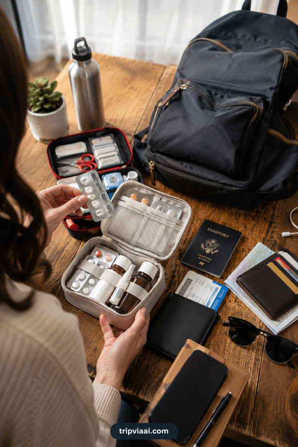 Traveller Doing a Final Medicine Check Before Leaving for the Airport