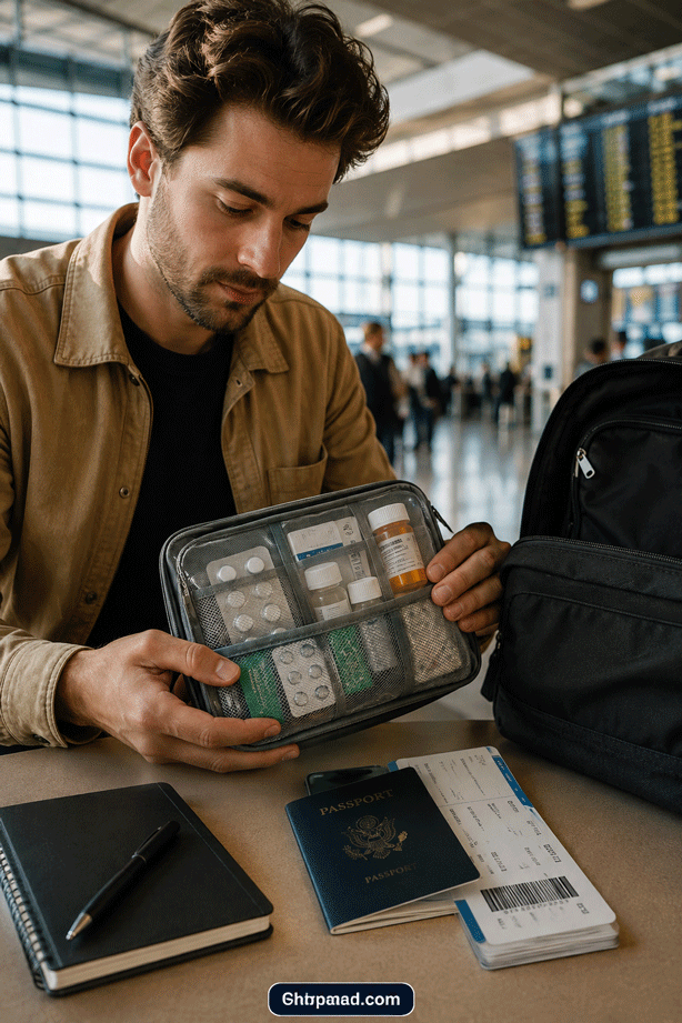 Traveller Organising a Medicine Pouch Before Airport Security