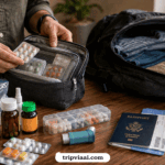 Can you bring medicine on a plane? Traveller packing prescription medicines, liquid medicine, inhaler, and travel medicine organiser before an international flight.