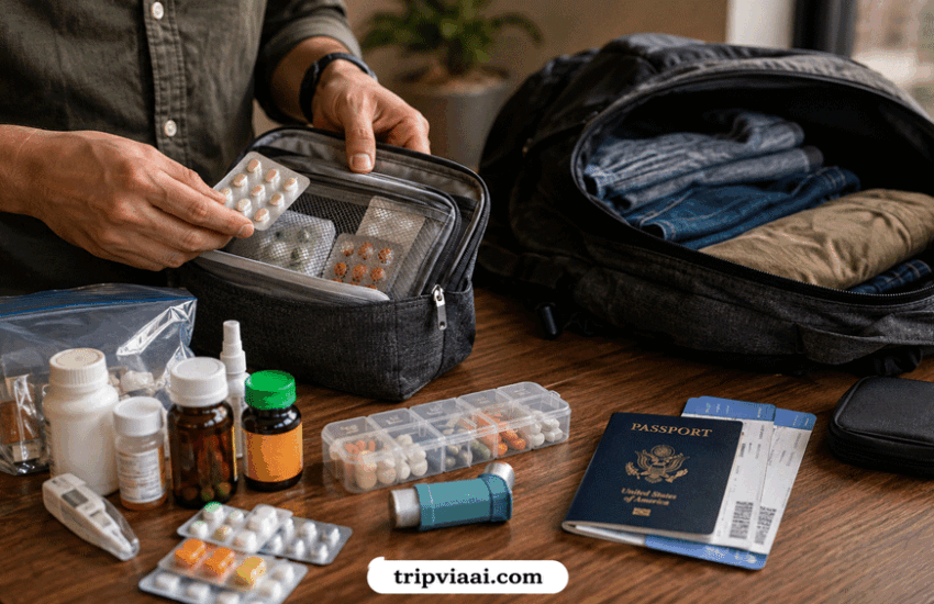 Can you bring medicine on a plane? Traveller packing prescription medicines, liquid medicine, inhaler, and travel medicine organiser before an international flight.