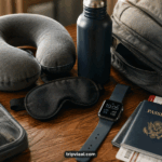 How to avoid jet lag: traveller preparing for a long-haul international flight with sleep mask, travel pillow, and destination time.