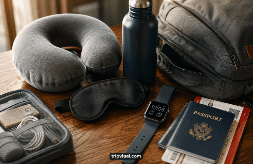 How to avoid jet lag: traveller preparing for a long-haul international flight with sleep mask, travel pillow, and destination time.