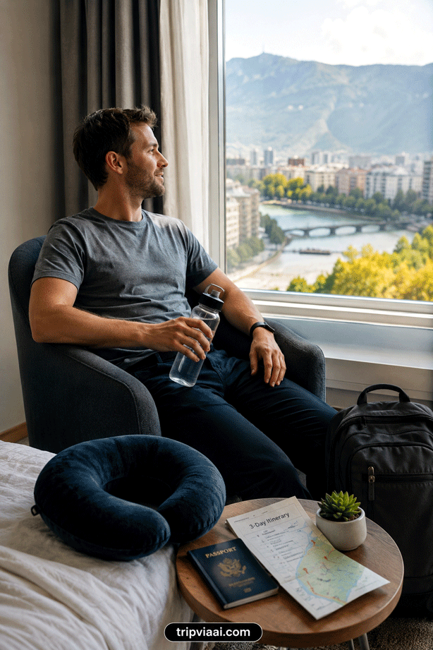 Traveller Relaxing and Adjusting to a New Time Zone After a Long Flight