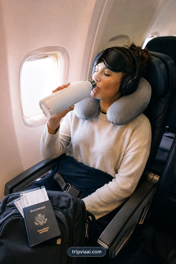 Traveller Staying Hydrated During a Long-Haul Flight