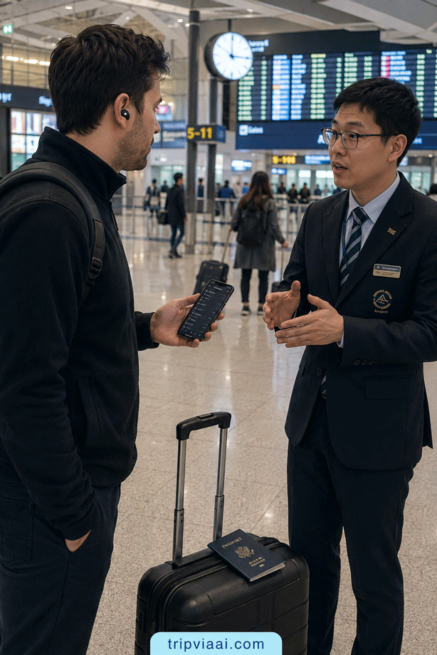 Using AI Translation Earbuds at an International Airport