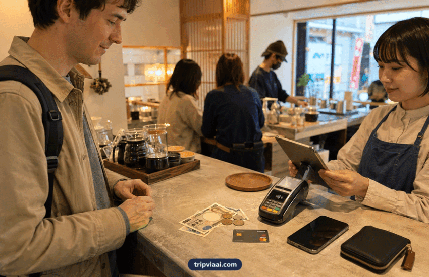 Traveller paying at a Japanese café with yen cash and credit card