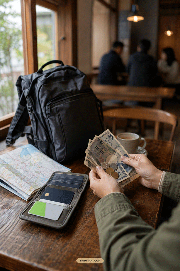 Preparing Japanese Yen and Travel Essentials at a Café