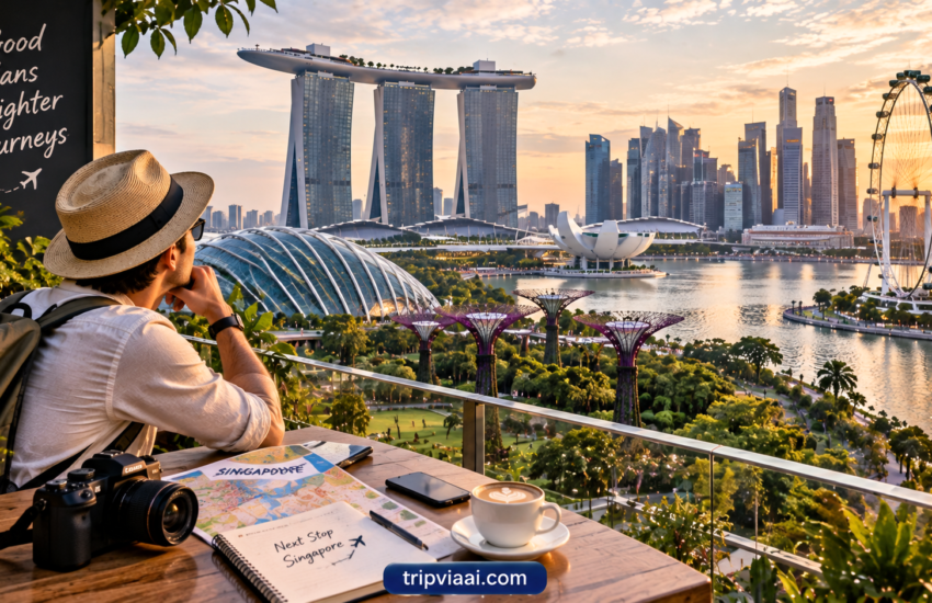 Singapore tour planning with a traveller overlooking Marina Bay Sands and Gardens by the Bay