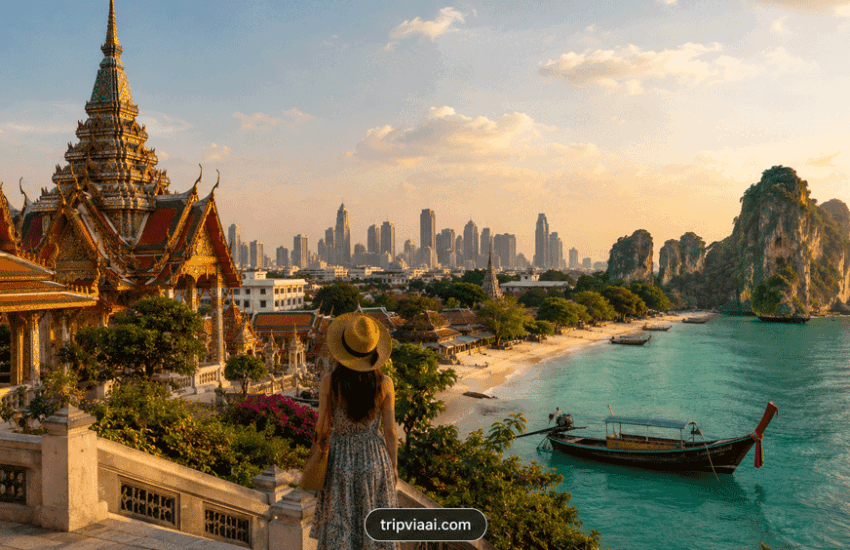 Thailand first trip featuring a Thai temple, Bangkok skyline, turquoise Andaman coast, limestone cliffs, and traditional long-tail boat