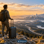 USA travel guide for first-time visitors overlooking a scenic American landscape with premium carry-on luggage