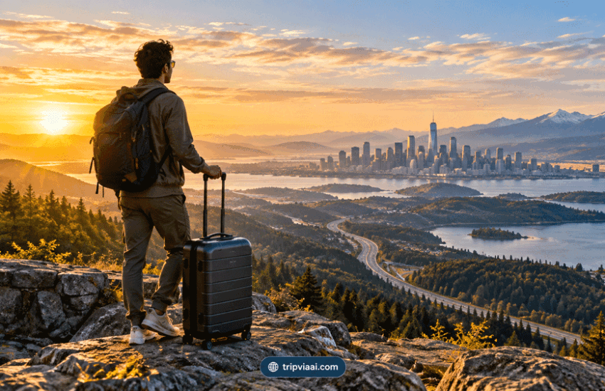 USA travel guide for first-time visitors overlooking a scenic American landscape with premium carry-on luggage